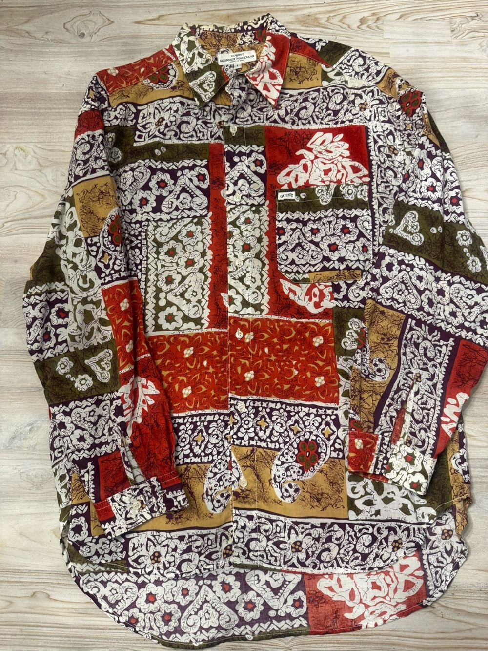 Guess by Marciano Red Olive Cream Patchwork Print Button-Down Shirt